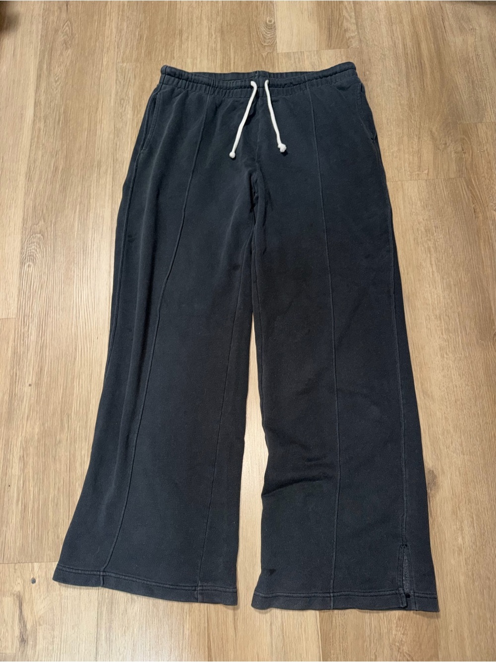 aerie Black Wide-Leg Lounge Pants with White Drawstring